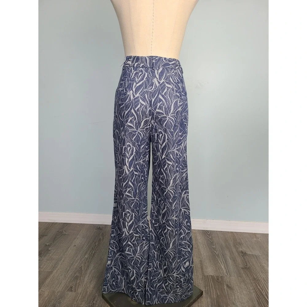 J. Mclaughlin Sz 8 Morgan‎ Pants Denim Blue Leaf Lover Wide Leg High Rise NWT